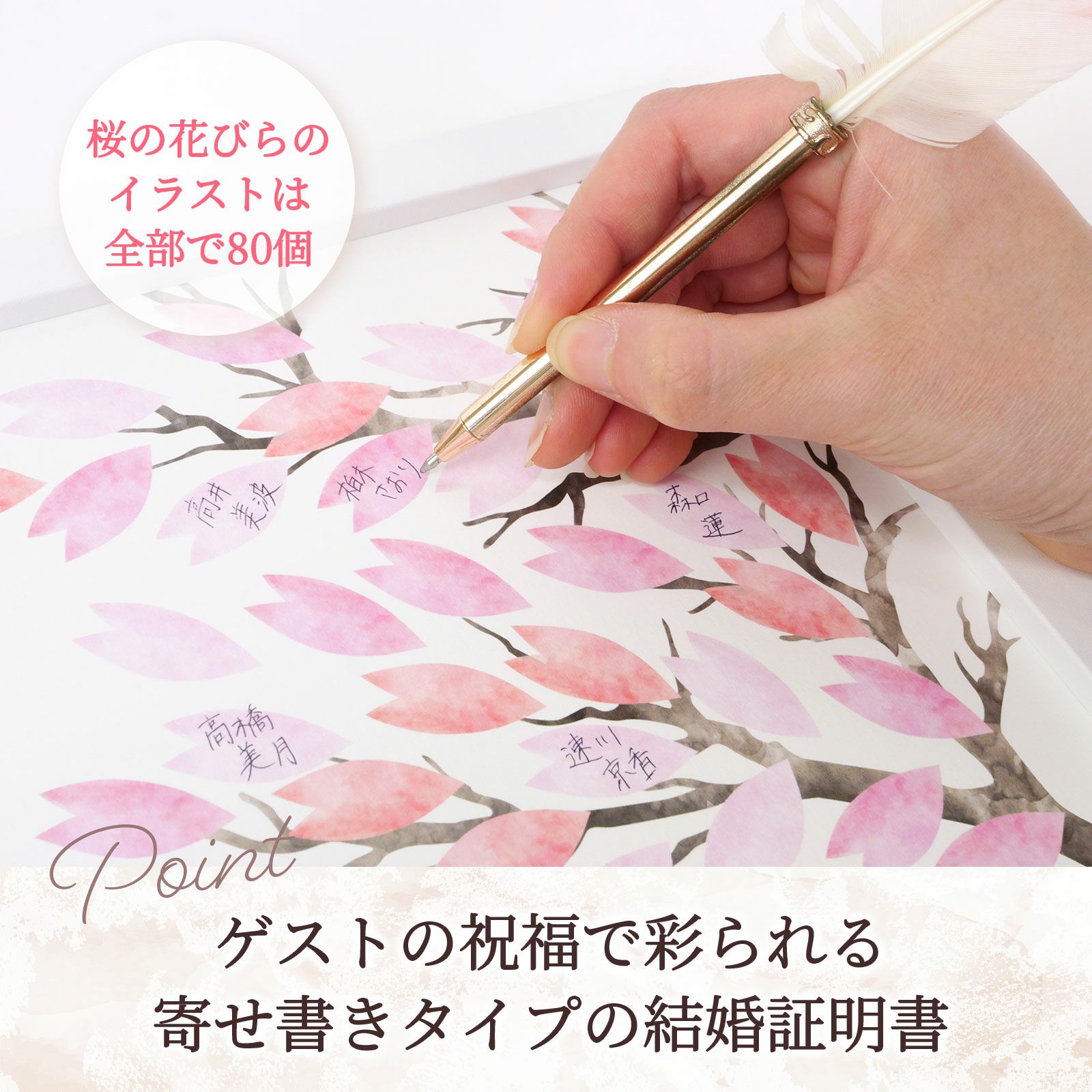 桜デザインの可愛い結婚証明書。はなびら1枚1枚にゲストのサインが入って、お二人の思い出の品になること間違いなし