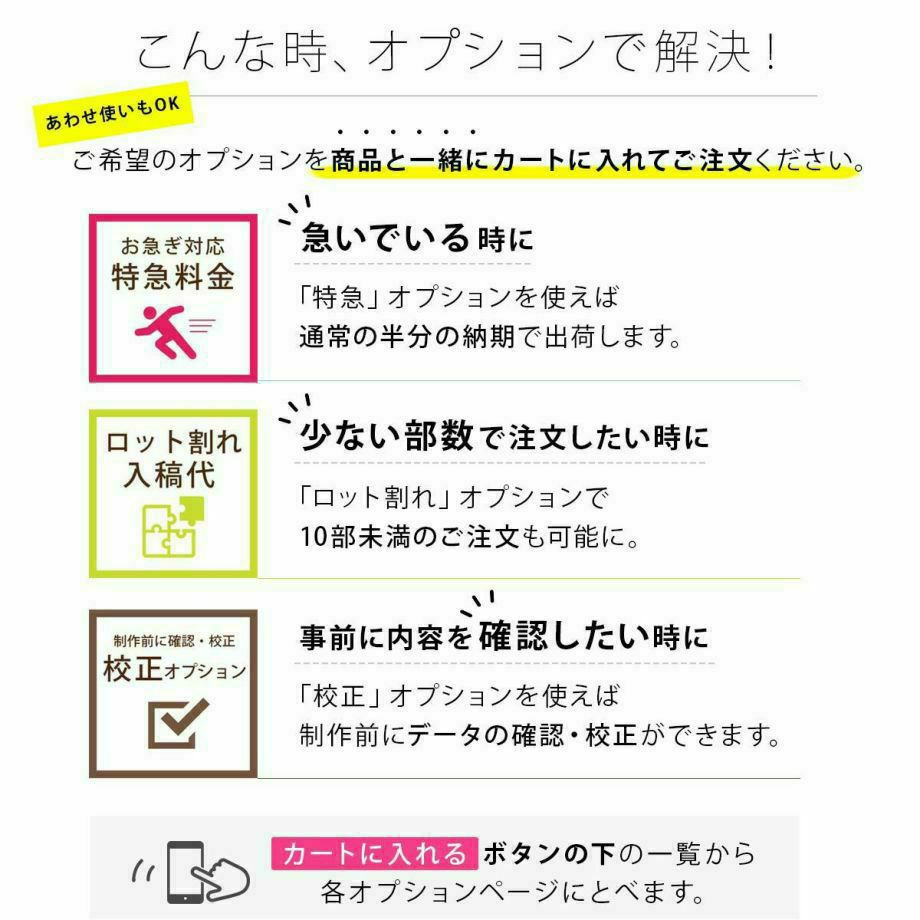 特急オプション、ロット割れオプション、校正オプションをご希望の方は一緒にご注文ください