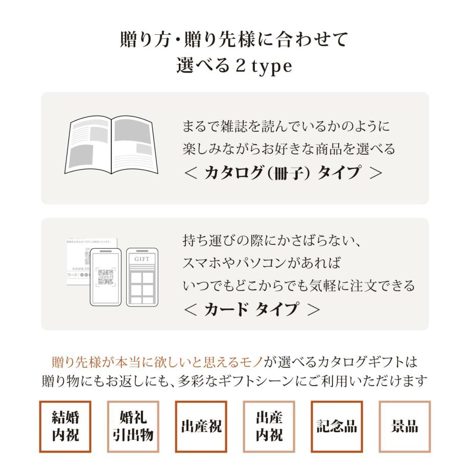 贈り方・贈り先様に合わせて選べるカタログ冊子タイプ・カードタイプの2type