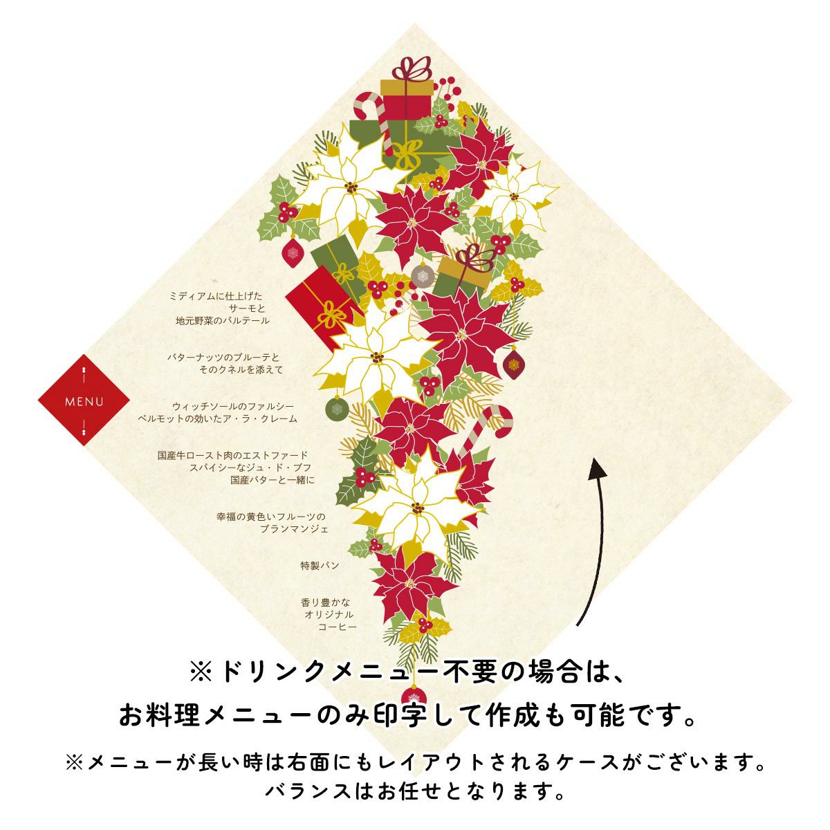 ドリンクメニュー不要の場合は、お料理メニューのみ印字して作成も可能です。