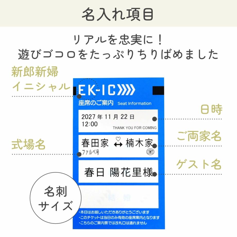 リアルを忠実に！遊びゴコロをたっぷりちりばめた名刺サイズのIC新幹線チケット風席札