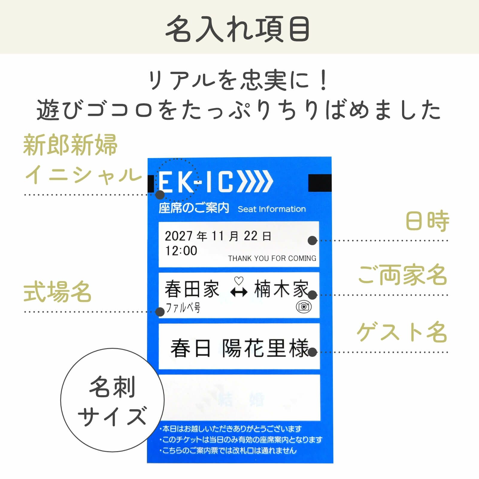 リアルを忠実に！遊びゴコロをたっぷりちりばめた名刺サイズのIC新幹線チケット風席札