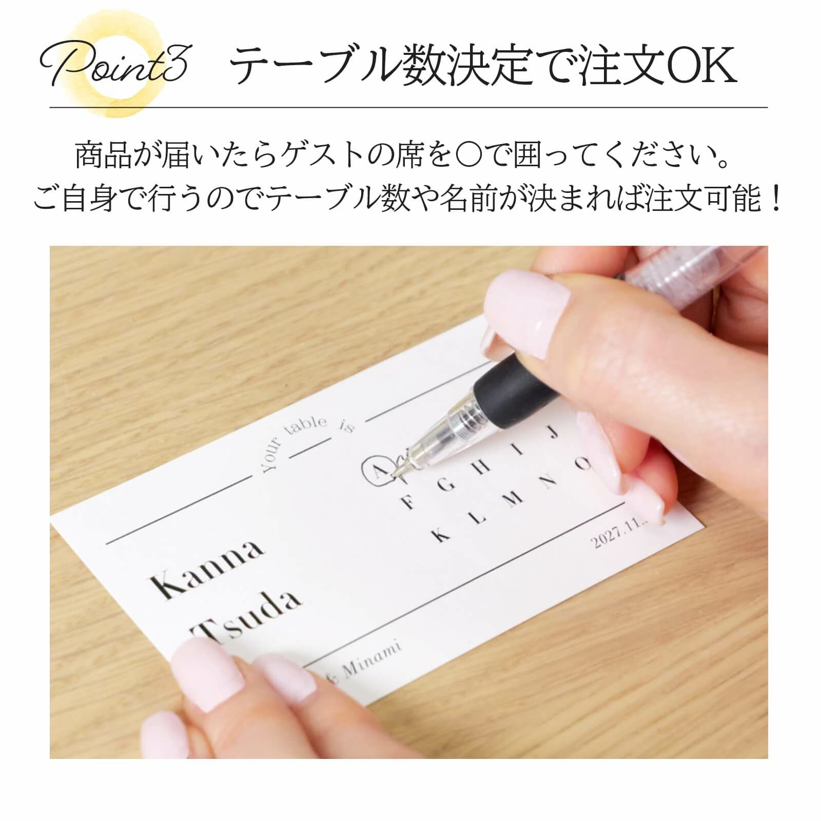ご自身でゲストの席を〇で囲うのでテーブル数や名前が決定すれば注文OKのテーブルNo入りエスコートカード
