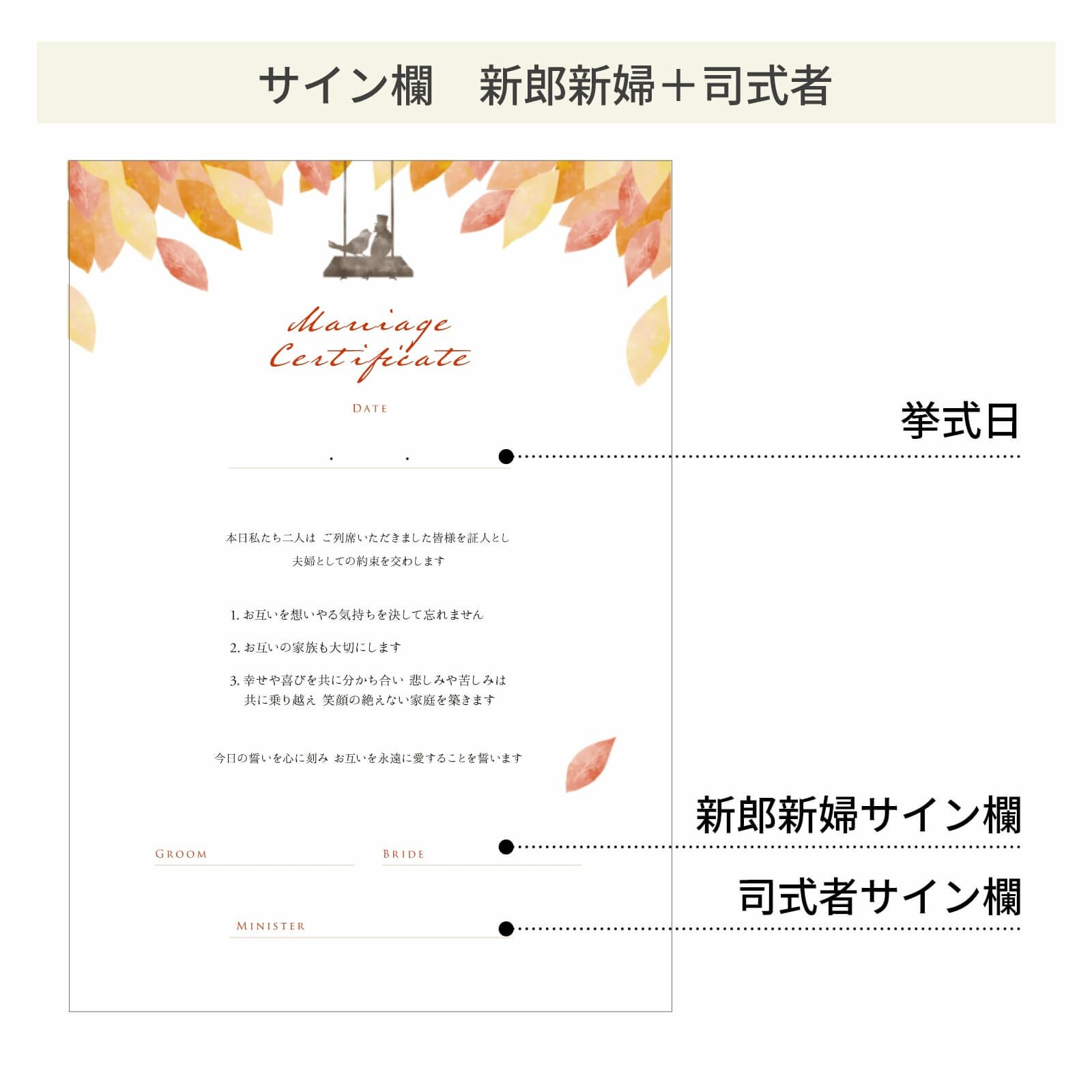 スタイルに合わせて選べるサイン欄新郎新婦＋司式者