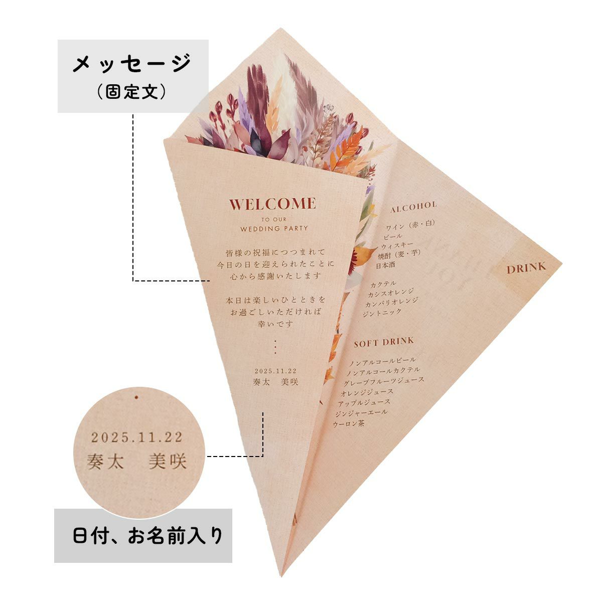 席札メニュー表の右側を開けばお二人からの感謝のメッセージが現れる