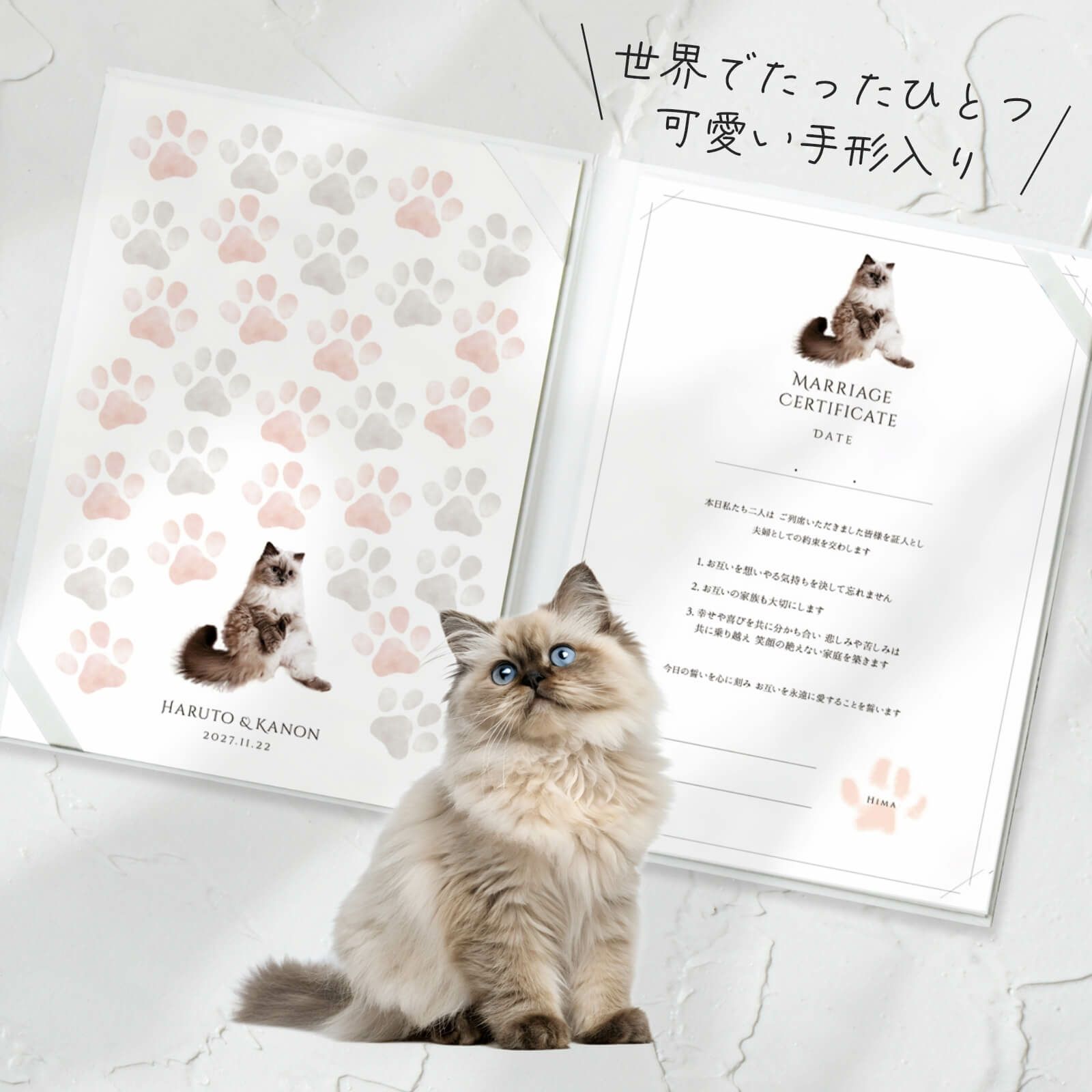 世界でたったひとつ 可愛い愛猫の手形入り結婚証明書